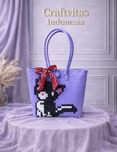 Purple handwoven plastic tote bag with cat character, handmade eco friendly women bag