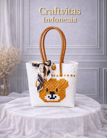 White and brown handwoven plastic tote bag with bear character, handmade eco friendly bag