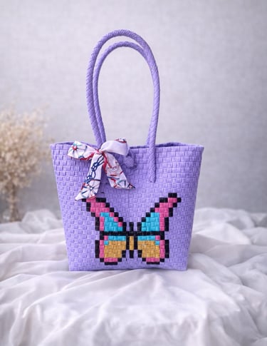 Purple handwoven plastic tote bag with butterfly character, handmade recycled plastic tote bag