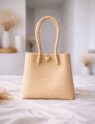 Handwoven cream plastic tote bag handmade from recycled materials by Indonesian artisans