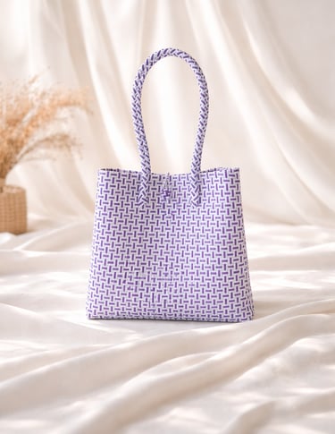 White purple woven plastic tote bag handmade eco friendly from Indonesia