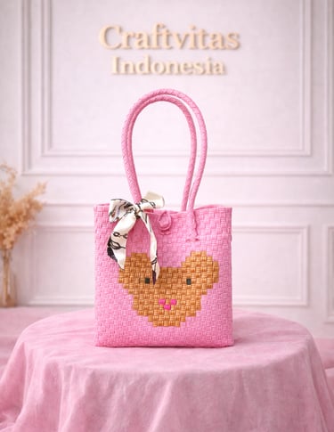 Pink handwoven plastic tote bag with bear character, handmade woven tote bag from recycled plastic