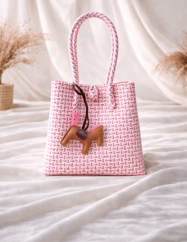 White pink woven plastic tote bag handmade from recycled plastic by Craftvitas