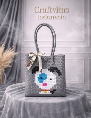 Grey handwoven plastic tote bag with dog character, handmade eco friendly woven bag