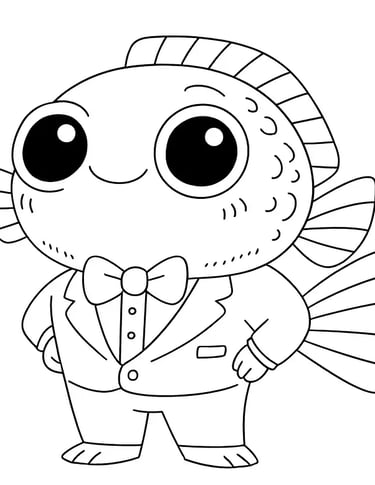 alt="Finbrööt Magnifico BRAINBRÖÖT coloring character – fish-headed creature in tuxedo and bow tie"