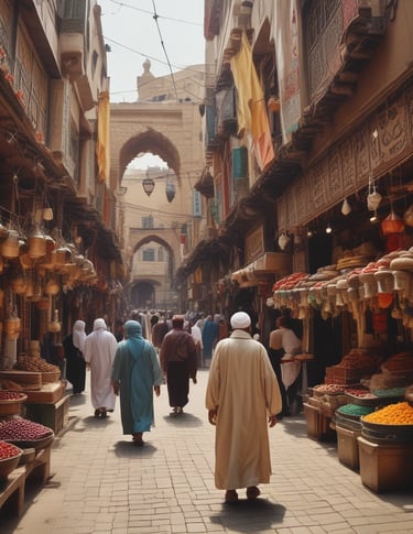 A colorful display at a market stall featuring a variety of packaged goods, spices, nuts, dried fruits, and bottles of oils and spirits. The assortment of products is neatly arranged, with saffron prominently indicated by a yellow sign in both English and Arabic. The well-lit space showcases a vibrant and organized selection, capturing the lively ambiance of a market setting.