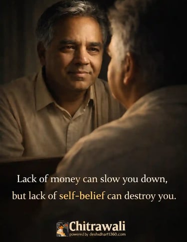 Indian man looking at his reflection in a mirror, half face in light and shadow, emotional depth and inner strength.