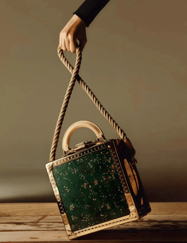 Louis Vuitton green artisan handbag with rope strap in luxury still-life.