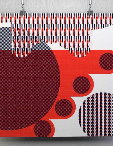Red white and blue vector digitally illustrated print hanging on wall