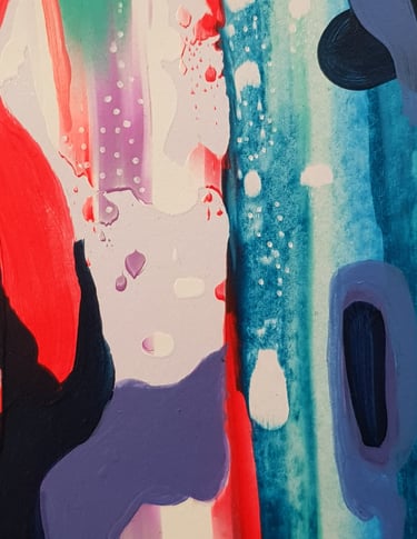 Zoomed section of multicoloured acrylic abstract painting called Waterfall by julie featherstone