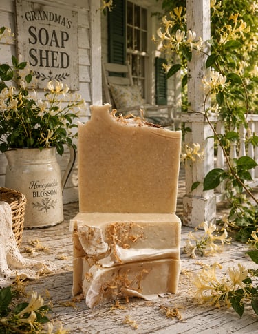 Handmade honeysuckle blossom artisan soap bars stacked on a rustic farmhouse porch.