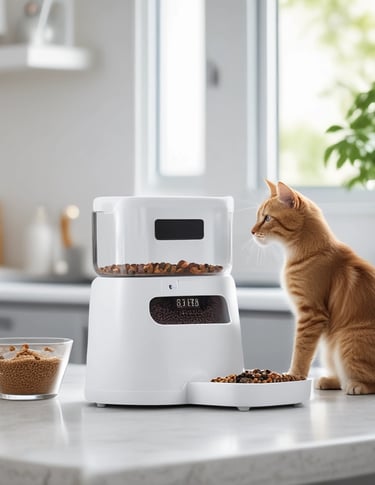Sleek, modern smart pet feeder with metallic gold accents on a crisp white background.