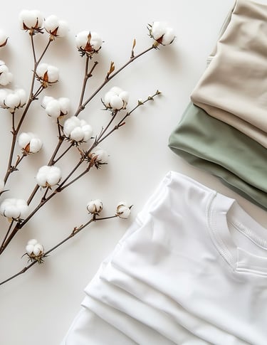 Photo of ecofriendly natural organic cotton tshirts displayed alongside delicate cotton plant