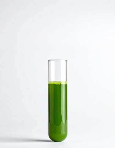 Laboratory glass test tube filled with vibrant green liquid for scientific research on white background.