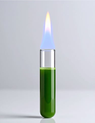A blue and yellow flame igniting from a test tube filled with wheatgrass juice in a science lab.