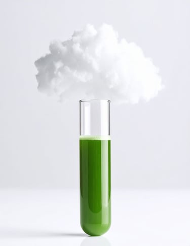 A glass test tube filled with green liquid juice topped with a fluffy white cloud against a clean background.