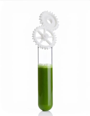 A glass test tube filled with green liquid and white plastic gears on top, representing repair.