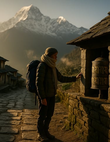 Lone winter trekker in a quiet Himalayan village with golden morning light.