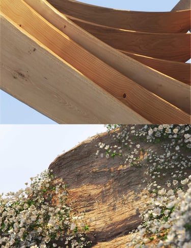 Curved natural cedar wood planks and a rustic stone wall covered in white jasmine flowers.