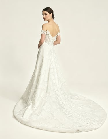 Elegant off-the-shoulder lace wedding dress with a long floral train and low back detail.