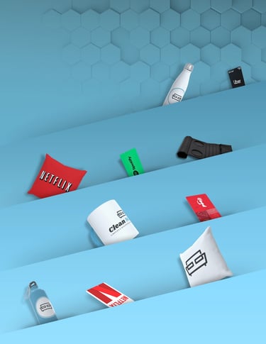 Brindes exclusivos da Clean Master: almofadas, canecas, copos, porta-copos e gift cards como Netflix, Uber e iFood.