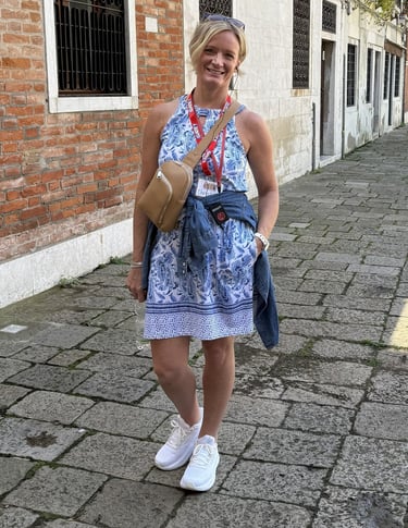Me in a Cabana Life Shift Dress at Castello in Venice with the scenery behind me