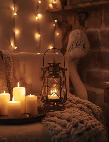 Cozy living room glowing with candles, string lights, lantern, and a warm table lamp.