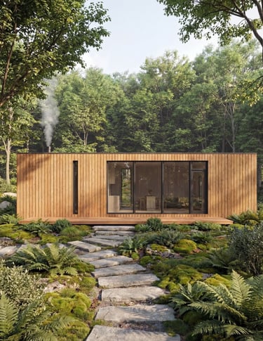 Luxury modern cabin exterior with clean lines and outdoor deck in forest setting