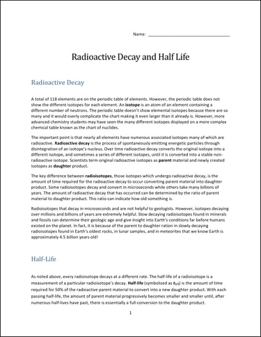 Radioactive Decay and Half Life lab front page