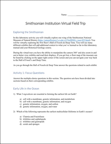 Smithsonian Institution Virtual Field Trip lab activity first page preview