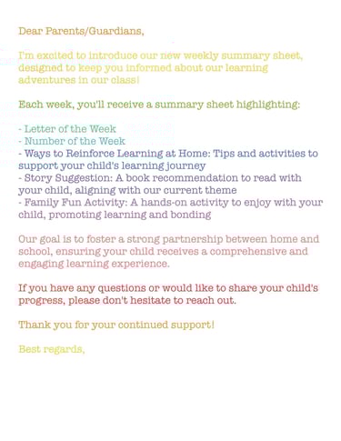 Letter to send home to parents, introducing a learning plan