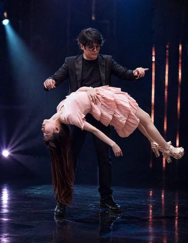 Professional magician performing a levitation illusion with an assistant on a stage with spotlights.