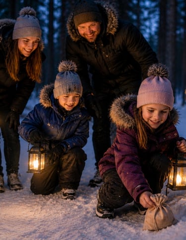 Family enjoying a Forest Elf Treasure Hunt, one of the most magical family activities in Rovaniemi, Finnish Lapland.