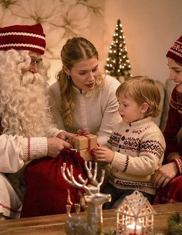 Santa Claus is presenting a Christmas gift to a child during a private Santa visit at a family accommodation in Rovaniemi.