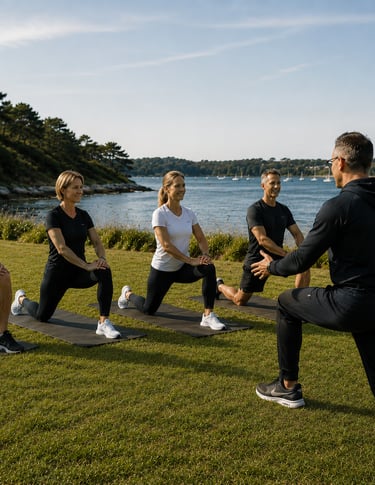 Small Group en séance de mobilité sur une pelouse face au Golfe du Morbihan à Sarzeau