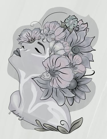 Black and white illustration of a woman with a flower arrangement as her hair, representing freedom