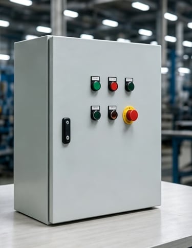 Industrial electrical control panel with buttons and emergency stop switch in a factory setting.