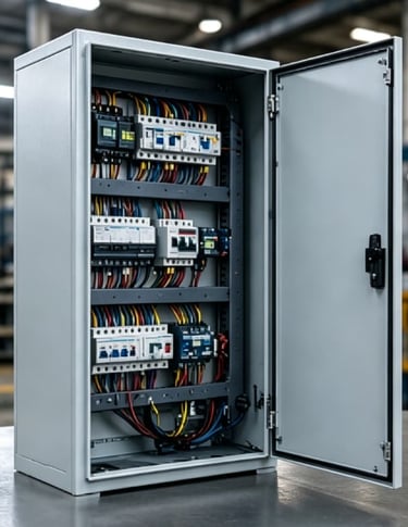 Industrial electrical control panel with circuit breakers and organized wiring for power distribution.