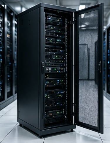 A tall black data center server rack with an open mesh door housing multiple network hardware components.