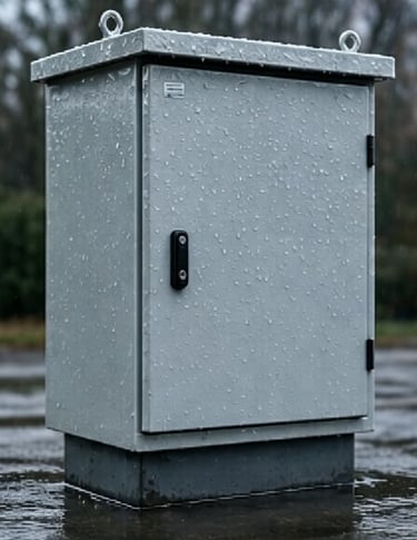 Weatherproof outdoor electrical enclosure with raindrops on its gray metal surface in a wet environment.