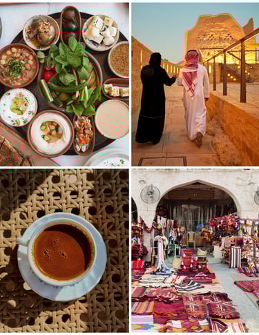 Rich Saudi culture, including food and coffee, Saudi markets and Saudi couple walking.