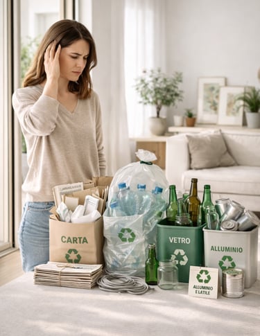 Persona in casa guarda una pila di rifiuti differenziati (carta, plastica PET, vetro e lattine)