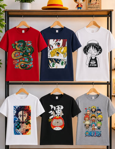 Playeras con estampados de anime de Dragon Ball, Demon Slayer, One Piece y Totoro en un perchero