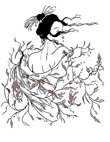 Ilustración oriental que representa a La Hija del Gran Rio del Cielo, de Óscar Ocaña Parrón. Tinta china sobre lienzo