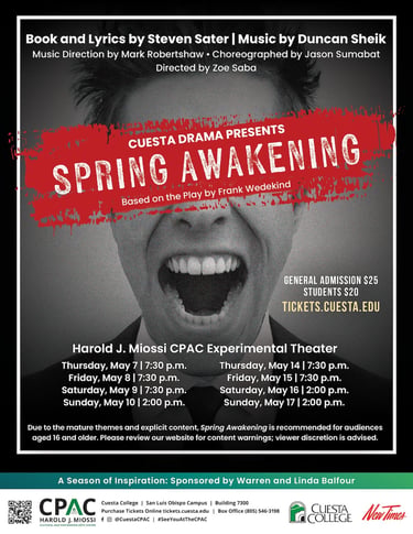 Image of the poster for the musical Spring Awakening specifying that the show runs at Cuesta College