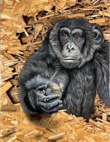 Équilibre Originel, représentant un chimpanzé tenant une abeille, peinture réalisée sur bois OSB.