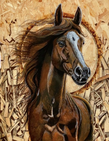 Œuvre intitulée Zéphyr fils du vent, représentant un cheval de face, peinture réalisée sur bois OSB.