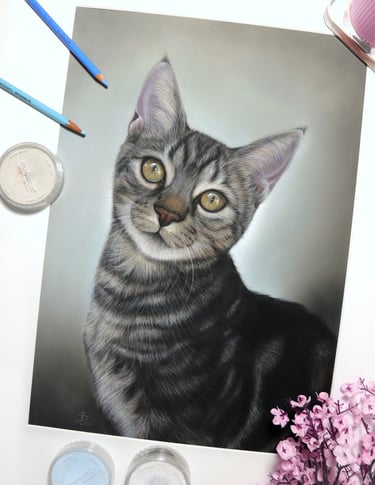 a pastel drawing of a gray cat
