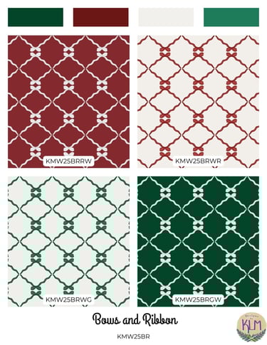 a geometric pattern of bows and ribbon with a traditional christmas color scheme