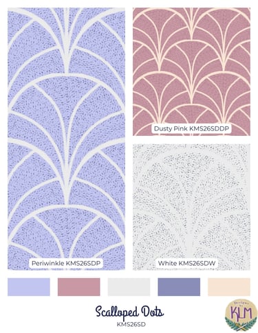 The simplistic Scalloped Dots pattern features a scalloped outline with a variety of textured dots.